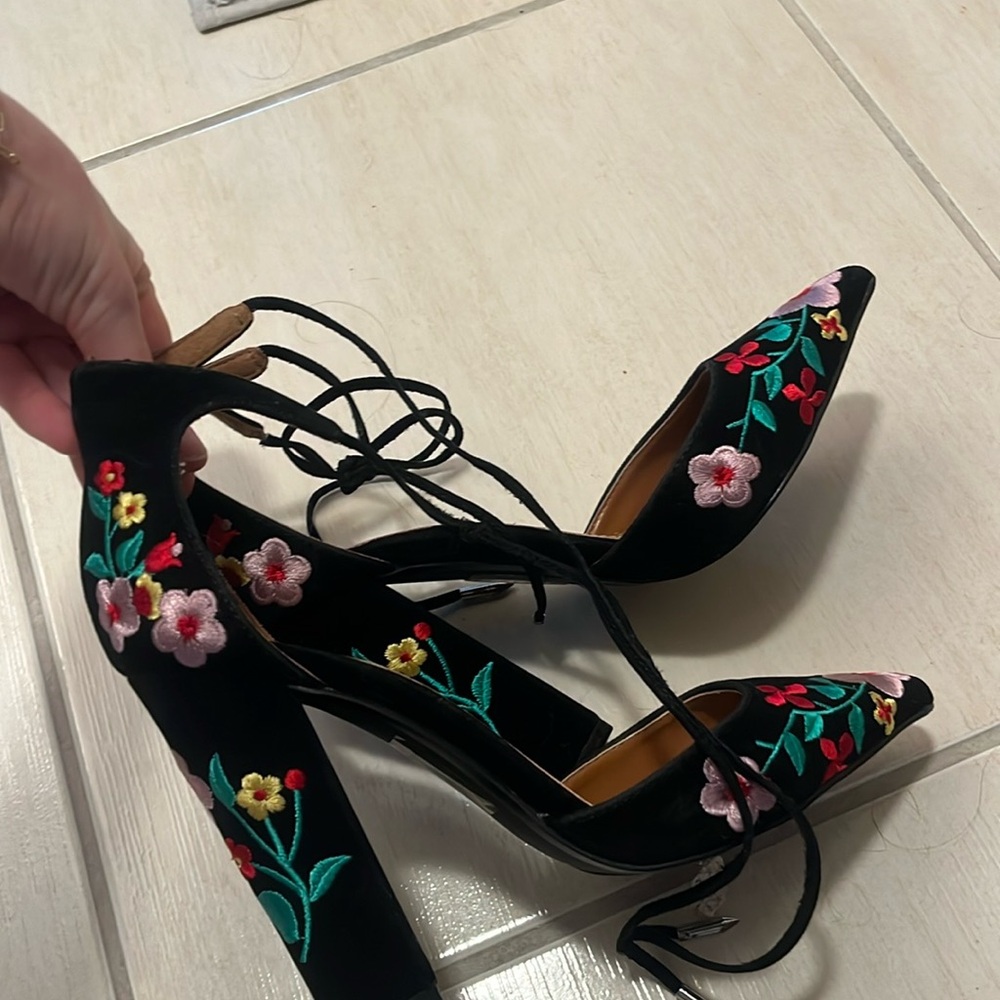 velvet floral embroidered heels